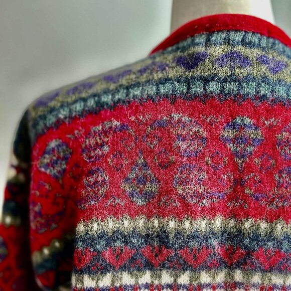 Vintage Simons Cerise & Multicolor Fair Isle Pure Shetland Wool Cardigan – US L - Picture 11 of 14